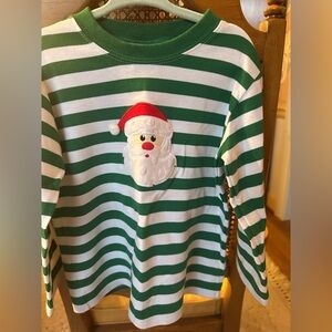 Green and White Striped Kids Long Sleeve Tee with Santa Design